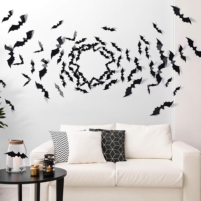 Coogam 60PCS Halloween Bats Decoration, 4 Different Sizes Realistic PVC Black 3D Scary Bat Sticker for Home Decor DIY Wall Decal Bathroom Indoor Hallowmas Party Supplies