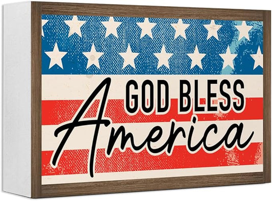 God Bless America Independence Day Wooden Box Sign Desk Decor,Patriotic Labor Day American Flag Wood Block Sign for Farmhouse Home Shelf Tabletop Wall Decor