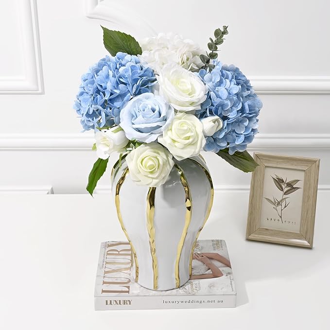 Artflower 4Pcs Real Touch Hydrangea Artificial Flowers, 22.5'' White & Blue Faux Full Latex Hydrangea Flowers for Home Floral Arrangements Wedding Bouquets Kitchen Table Centerpiece Decorations