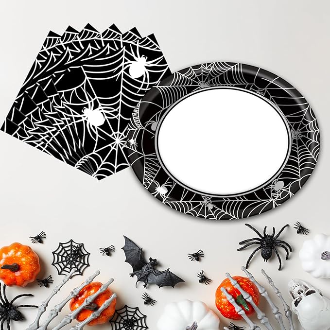 Halloween Party Oval Paper Plates 11inch Large Spider Web Paper Plate and Napkin, Dish Tray Halloween Party Decoration Supplies for Birthday Get Together Celebration Tableware, 25 Guest