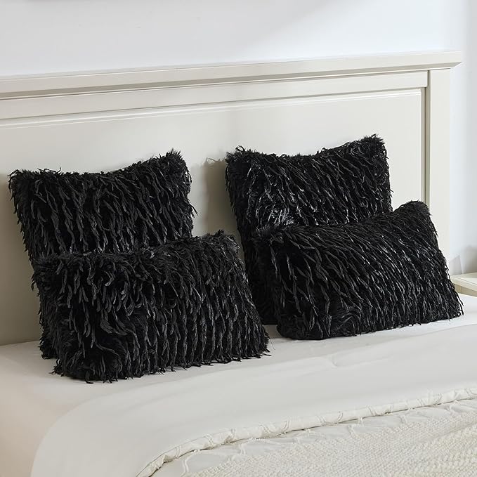 FUTEI Black Decorative Throw Pillow Covers 16x16 Inch Set of 2,Soft Fluffy Faux Feather Texture Cushion Cases,Modern Home Luxury Decor for Couch Bed Living Room