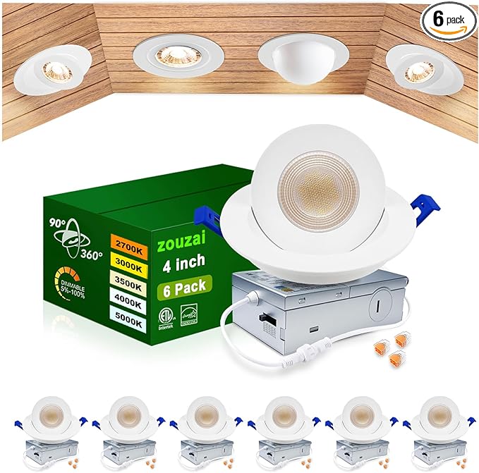zouzai 4 inch 5CCT LED Gimbal Led Recessed Light with Junction Box, 360°+90° Adjustable Directional Eyeball Lighting, Dimmable, 2700K/3000K/3500K/4000K/5000K, 960LM, 10W=90W-ETL&Energy Star【 6 Pack 】