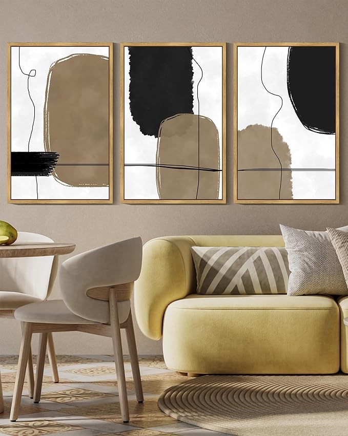 KUVIOKE Abstract Wall Art Framed Neutral Beige Mid Century Textured Artwork Black Minimalist Line Modern Illustrations Bedroom Hallway Ready to Hang 16x24in (Natural Framed)