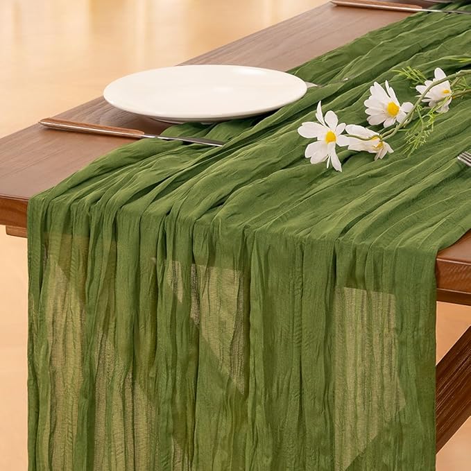 Socomi 10pcs Moss Green Fall Thanksgiving Cheesecloth Table Runner Boho Rustic Gauze 120 inch 10FT Cheese Cloth Runner for Wedding Party Baby Shower Birthday Home Decor Holiday Decorations