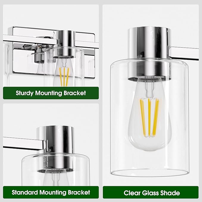 5-Light Modern Vanity Light Fixtures Over Mirror, Chrome Bathroom Light Fixtures, Vanity Lights, Wall Sconce with Clear Glass Shade for Bathroom, E26 Base