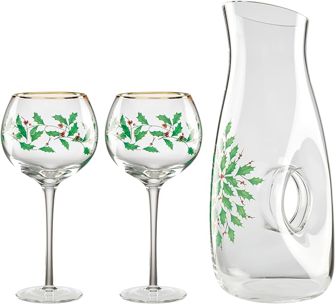 Lenox 895032 Holiday 3-Piece Decanter & Wine Glasses Set, Christmas Dinnerware, Hosting