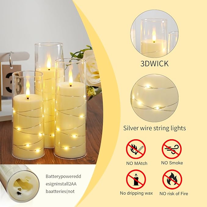 Flameless Candles,with Embedded Star String, Battery Operated Candles Flickering LED Pillar Candles with Remote Control and Timer, Home Decoration Add a Warm and Romantic Atmosphere，Set of 7 (Ivory)