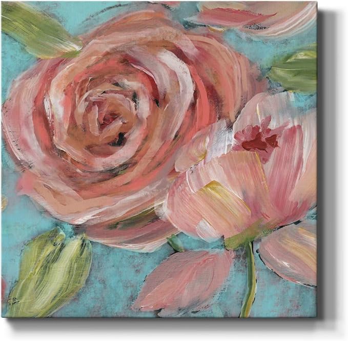 Wexford Home Square Premium Gallery Wrapped Canvas Flower Multicolor Wall Art Abstract Floral Romance Modern Pictures Print for Home Office, Ready to Hang, blushing coral beauties, 24x24
