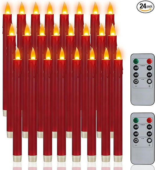 24 Pcs Flameless Taper Candles with Remote, 10" Burgundy Battery Operated Led Candlesticks with Flickering 3D Flame, Fake Taper Candles for Christmas Thanksgiving Wedding Home Décor