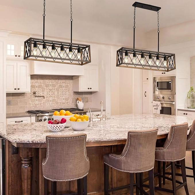 Farmhouse Kitchen Island Lighting,6-Light Dining Room Light Fixtures Over Table,Rustic Chandelier Wood Grain Finish,Height Adjustable Farmhouse Light Fixture for Dining Room Kitchen Bar.