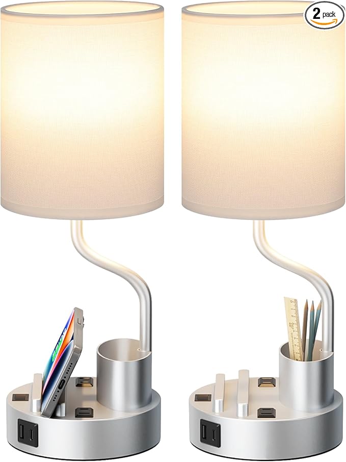 Grey Bedside Table Lamps for Bedroom Set of 2 - Nightstand Light with AC Outlet and USB A & C for Charging, 3 Color Temperatures Desk Lamp with Pen Holder & Phone Stand for Living Room/Dorm/Office