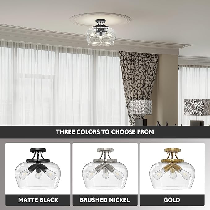 VONLUCE Semi Flush Mount Ceiling Light, 13.8" Ceiling Light Fixture with Clear Glass Shade, E26 Base, 3-Bulb Industrial Lighting Fixture for Dining Room Hallway Entryway Bedroom, Matte Black