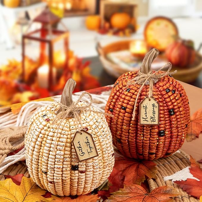 Briful Pumpkins Fall Decoration, 2PCS Decorative Corn Cob Pumpkins Resin Fake Pumpkins Autumn Home Rustic Decor for Thanksgiving Harvest Halloween Table Centerpiece Shelf Indoor Outdoor Porch Decor
