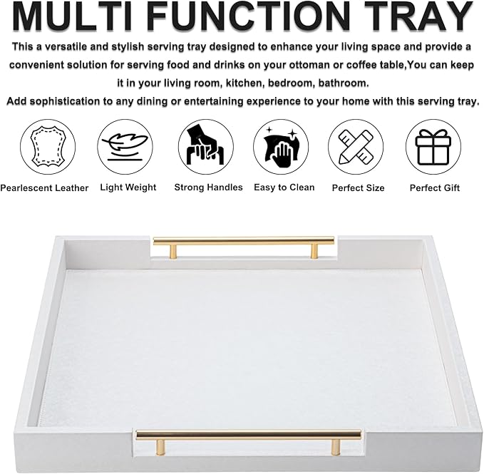 White Leather Large Ottoman Tray for Living Room,Stylish Square Decorative Tray for Coffee Table,Versatile Serving Trays with Handles for Party