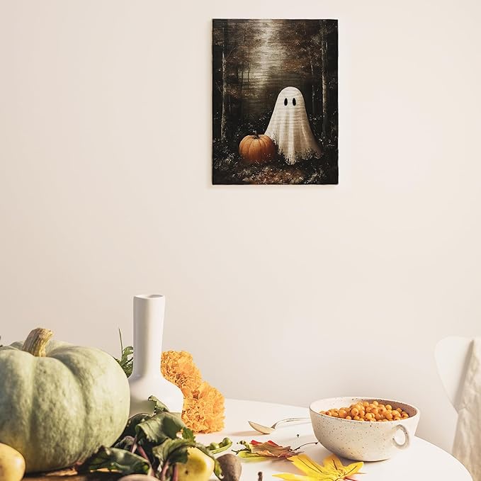 FTKBGHY Vintage Halloween Ghost Canvas Wall Art Framed, Halloween Room Decor, Spooky Ghost Pumpkin in Haunted Forest Poster Prints Wall Decorations for Bedroom Living Room Home, 11x14 Inch
