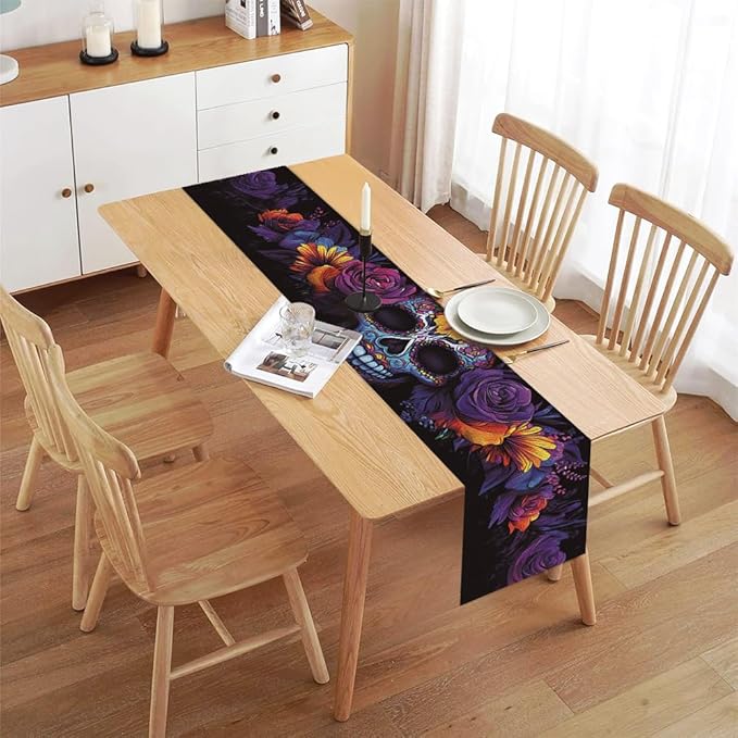 ANNA QUEEN Flowers Table Runner 13 x 72 Inch for Dining Table, Table Runner for Spring & Holiday Dining Decor Indoor Outdoor Party Home Table Decoration (Skull Flowers)