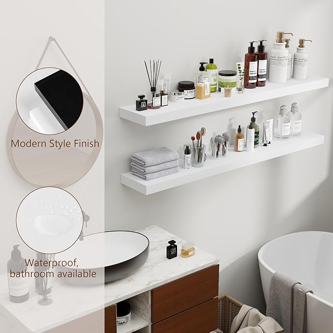 White Floating Shelves 48 Inch Set of 2, Solid Wood Wall Mounted Shelves 48 Inches Long, Modern Floating Shelves for Bedroom Living Room Bathroom - White