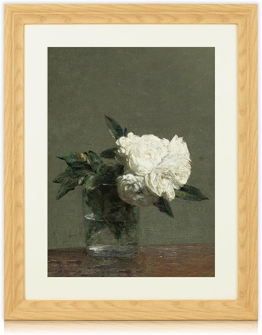 Brivoria Framed Canvas Wall Art Vintage Decor, White Roses in Glass Vase Realist Still Life Floral Print with Dark Olive Background for Living Room Dining Room Office Gallery Wall Decor, 16"x20"