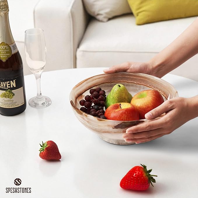 Marble Fruit Bowl 10 Inch White Onyx Handmade Decorative Serving Dish for Fruits, Snacks & Kitchen Counter - Ideal Stone Large Pedestal Bowls for Dining & Coffee Table Decor