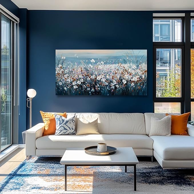 GAIDUOMAI Wildflowers Canvas Wall Art for Bedroom Blue Lake Wall Hanging Artwork Nature Colorful Wall Paintings for Living Room Dining Room 24"x48"