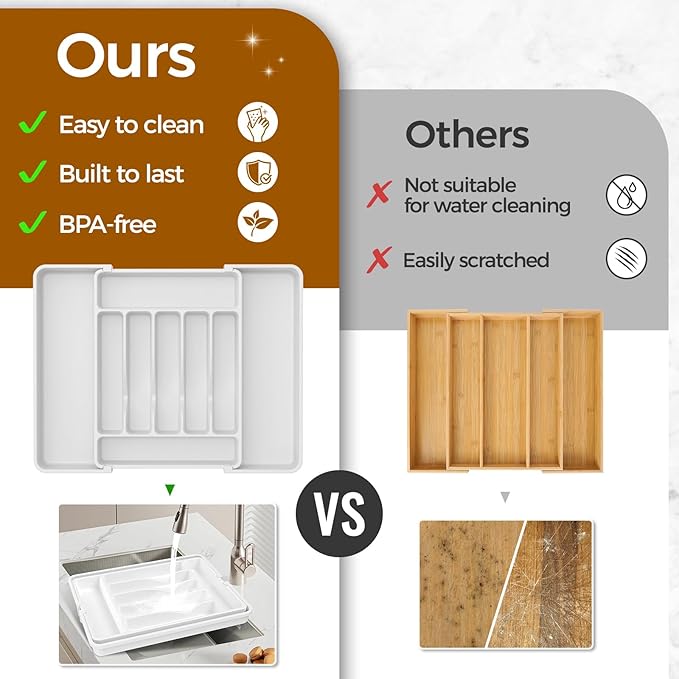 Extra Large Expandable Silverware Organizer, BPA-Free Food-Safe Cutlery Flatware Organizer, Kitchen Utensil Drawer Organizer, Adjustable Silverware Holder for Spoons Forks Knives, White