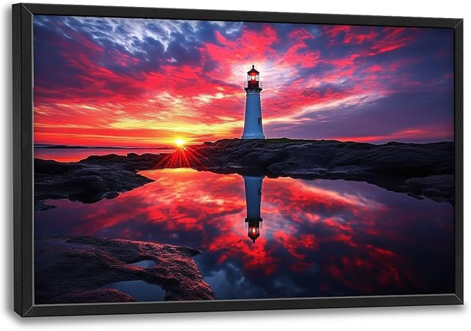 Olivine Lighthouse Wall Art, Nautical Coastal Pictures Wall Decor, Beach Sunset Paintings, Ocean Canvas Prints, Framed Artwork for Bathroom Bedroom Living Room Office Home Decoration 36"x24"