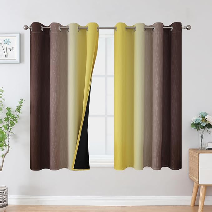 Estelar Textiler Brown and Yellow Blackout Curtains 45 Inch Length, Full Light Blocking Gradient Drapes for Kitchen, Thermal Insulated Grommet Ombre Curtains for Bathroom, 52Wx45L, 2 Panels