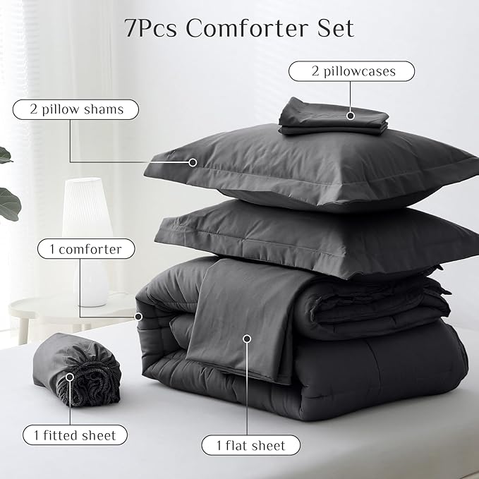 JOLLYVOGUE King Comforter Set, Ultra-Soft Bed in a Bag King Size 7 Pieces, Oeko-TEX Certified Bedding Set with Down Alternative Comforter, Sheets, Pillowcases & Shams, Dark Grey