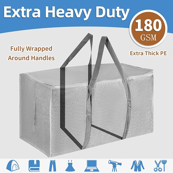 6 Pack-Extra Large Heavy Duty Moving Bags - Waterproof Storage Totes with Handles & Zippers, Foldable for College Dorm, Storage (Gray)