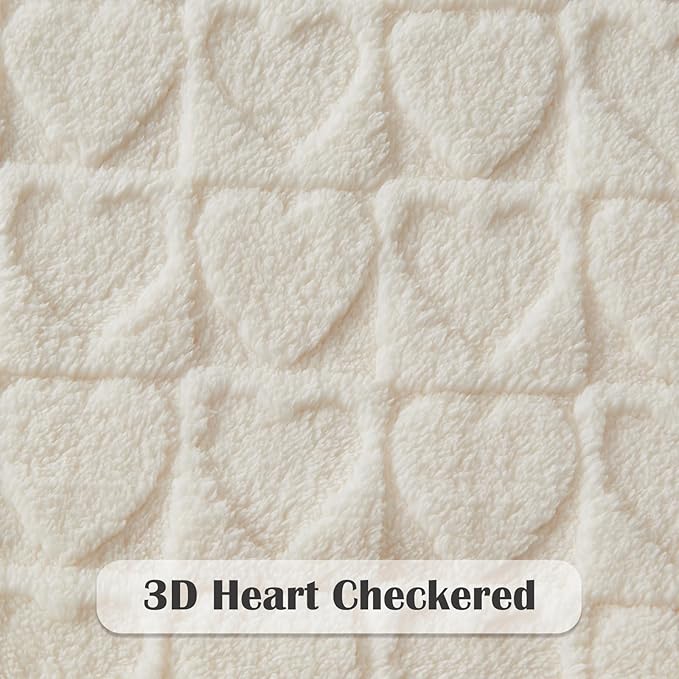 NEWCOSPLAY Super Soft Twin Blanket Off White Love Premium Silky Flannel Fleece 3D Heart Checkered Lightweight Bed Blanket All Season Use (Off White Love, Twin(60"x80"))