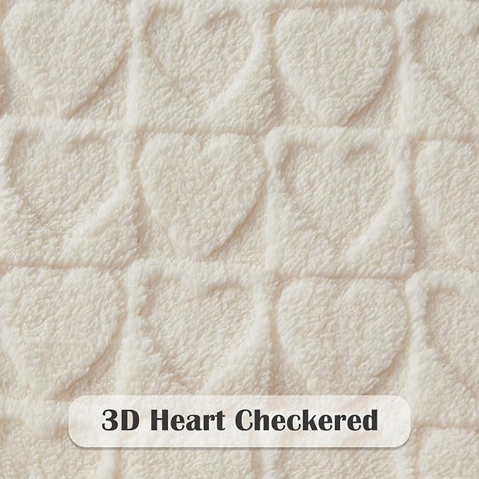 NEWCOSPLAY Super Soft Throw Blanket Off White Love Premium Silky Flannel Fleece 3D Heart Checkered Lightweight Bed Blanket All Season Use (Off White Love, Throw(50"x70"))