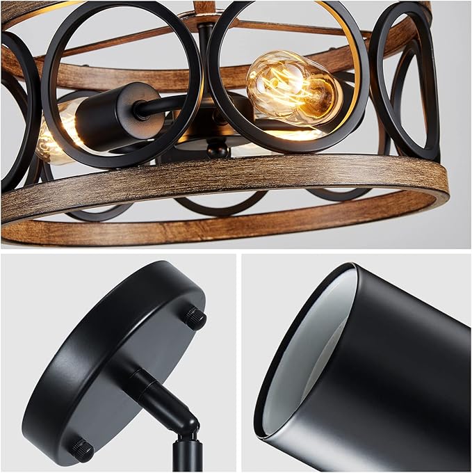 XINGQI Semi Flush Mount Ceiling Light Fixture Modern 3-Light Farmhouse Ceiling Lights for Bedroom Living Room Dining Room Entry Hallway Foyer 13" Black and Wood Grain Finish