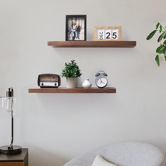 Axeman Walnut Floating Shelves for Wall - 24 Inch Wide x 6 Inch Deep Solid Walnut Wood Shelves Set of 2 - Natural Wooden Shelves for Room Wall Decor