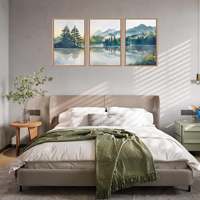 HPNIUB Large Green Mountain Framed Canvas Wall Art Set, Nature Foggy Forest Lake Reflection Wall Decor,Modern Pine Tree Artwork,Watercolor Landscape Art Print for Living Room,Bedroom,Office-24 x36 x3