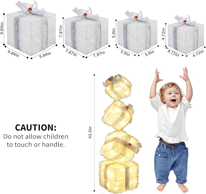 Christmas Lighted Gift Boxes Decorations Set of 4, 3.6Ft Stackable Christmas Nesting Boxes Battery Operated for Home and Party Decoration (10"-8"-6"-5", Silver Bow)