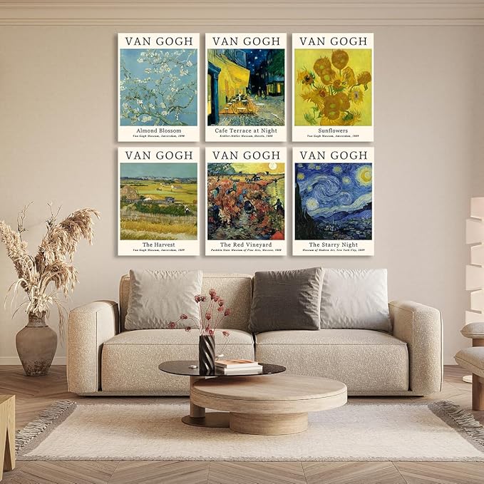 COSCTOR Set of 6 Vincent Van Gogh Wall Art Decor Canvas Vintage Retro Famous Artist Colorful Posters and Prints for Living Room Bathroom Bedroom Hallway Kitchen (Framed, 12x16)