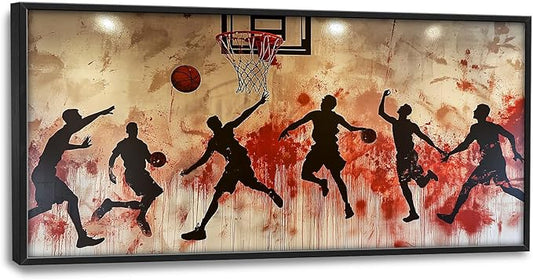 Flintis Large Basketball Sports Framed Wall Art Basketball Players Pictures Wall Decor Abstract Graffiti Canvas Painting Print Artworks Framed for Living Room Bathroom Master Bedroom 60L X 30W