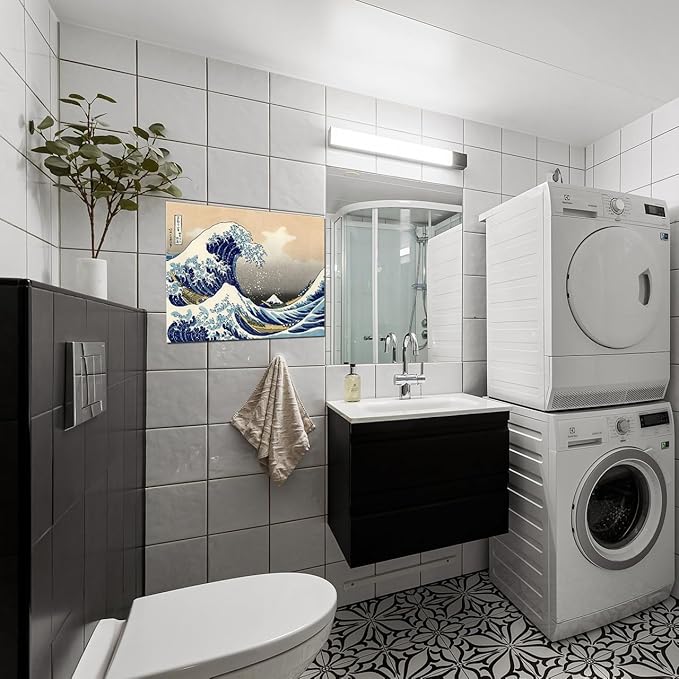 The Great Wave Off Kanagawa Japanese Bathroom Canvas Wall Art Famous Painting Print for Nursery Bedroom Boy's Room Kitchen Wall Decor Framed 12x16inch