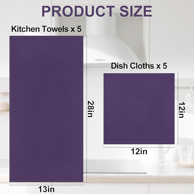 Homaxy 100% Cotton Kitchen Towels and Dishcloths Set, 12 x 12 Inches and 13 x 28 Inches, Set of 10 Bulk Kitchen Towels Set, Ultra Soft Absorbent Dish Cloths for Washing Dishes, Eggplant