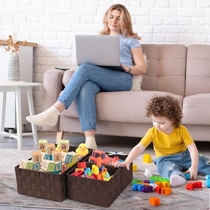 Posprica Woven Storage Baskets for Organizing 6 Pack, Large&Small Storage Cube Bins Set for Bathroom, Storage Boxes Container for Drawer, Closet, Shelf, Dresser, Brown