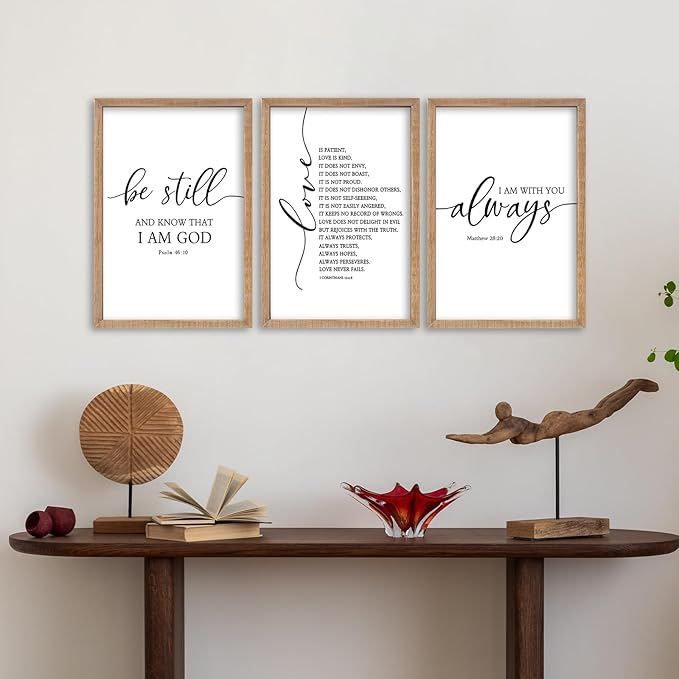 SRSZHIYUE Bible Verses Wall Decor Be Still Love Is Patient I Am With You Always 16"×11" Set of 3 Wooden Framed Scripture Living Room Wall Hanging Art (Wood)