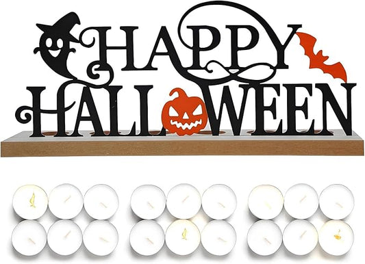 Happy Halloween Metal Sign Rustic Table Decorations with Wooden Base, Tiered Tray Decor with 18pcs Tealights, Table Centerpieces Metal Word Sign for Halloween Party Home Indoor Office Tabletop Mantel