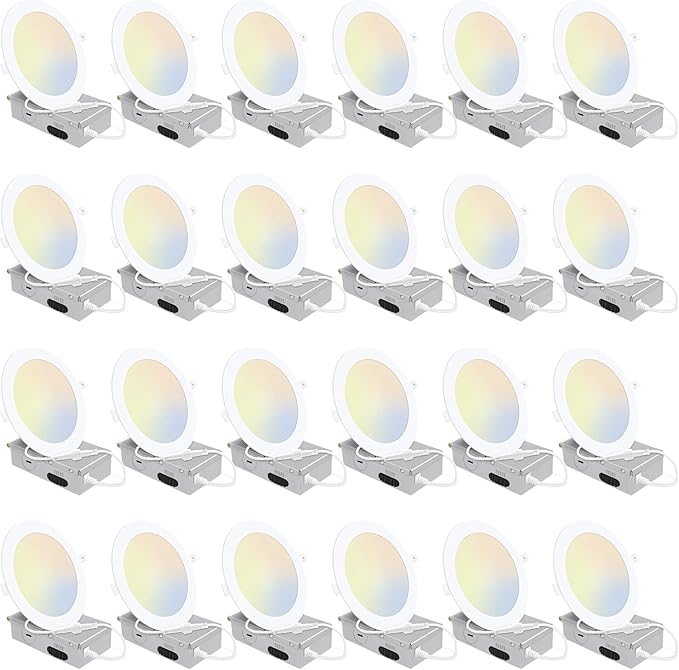 24 Pack 5CCT Ultra-Thin LED Recessed Lighting 6 Inch, Downlight with Junction Box, 2700K/3000K/4000K/5000K/6500K Selectable, 12W 110W Eqv, Dimmable Wafer Lights, 1050LM Canless LED Recessed Light, ETL