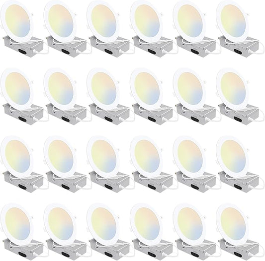 24 Pack 5CCT Ultra-Thin LED Recessed Lighting 6 Inch, Downlight with Junction Box, 2700K/3000K/4000K/5000K/6500K Selectable, 12W 110W Eqv, Dimmable Wafer Lights, 1050LM Canless LED Recessed Light, ETL