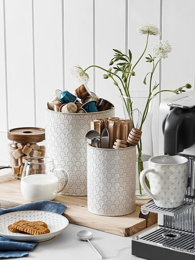 LE TAUCI Utensil Holder, 7.1" Ceramic Kitchen Utensil Holder for Counter top, Embossed Cooking Utensil Organizer for Spatula & Spoon, Kitchen Decor, Set of 1, Arctic White,Fireworks