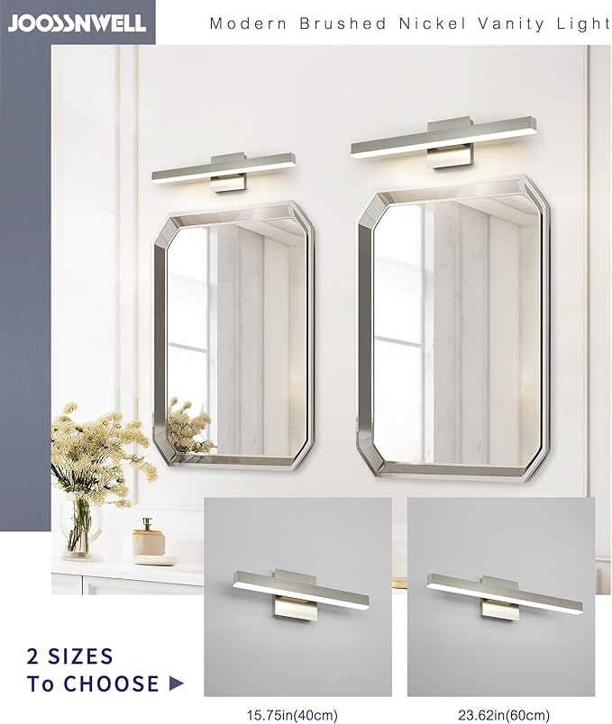 Joossnwell Bathroom Vanity Light Brushed Nickel Bathroom Light Fixtures Over Mirror 23.62 inch 5CCT Dimmable Modern LED Vanity Lighting Bar ETL Certificated