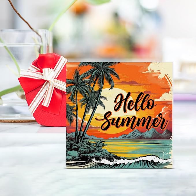 Hello Summer Decor Beach Wood Block Sign Sun Coconut Palm Decorations for Home Desk Table Shelf 5 x 5 Inches