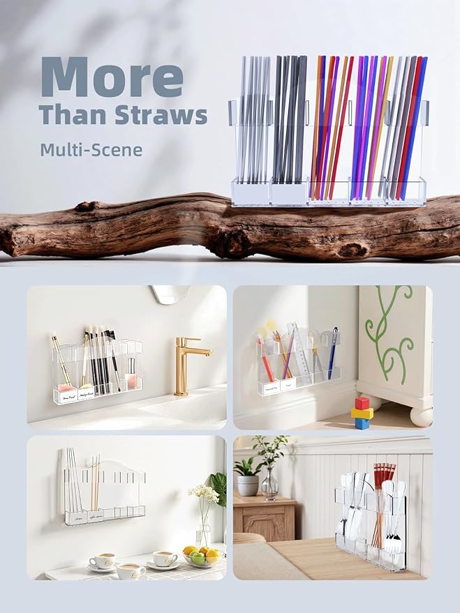 9.8" Acrylic Straw Holder for Cabinet Door - 5-Compartment Organizer with Ultra-Sticky Adhesive, Storage for Reusable Straws and Brushes, Kitchen & RV Essensials