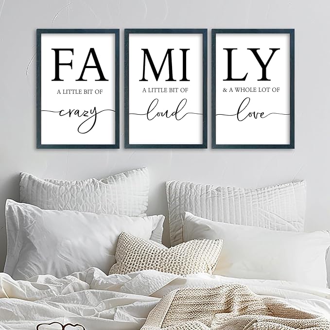 SRSZHIYUE Family Wall Art A Little Bit Of Crazy Loud Sign Wall Decor Art Set of 3 16"×11" Prints Wood Framed for Large Rustic Farmhouse Minimalist Living Room Entryway Wall Hanging (Black)