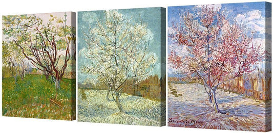 DECORARTS - Triptych (Orchard in Blossom, The pink peach tree, Peach Trees in Blossom), Vincent Van Gogh Art Reproduction. Giclee Canvas Prints Wall Art for Home Decor 20x16, 3pcs/set